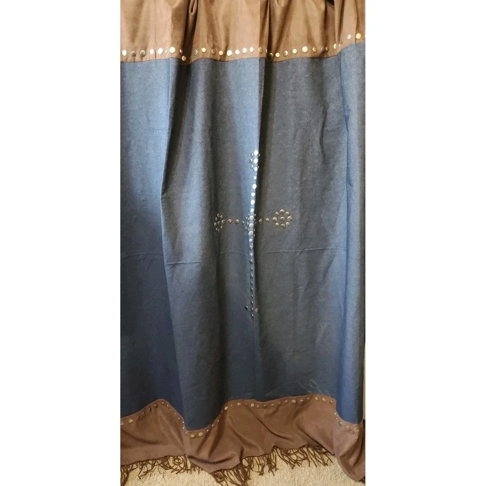Denim Blue & Brown Faux Suede Western Curtain Studded By Triple‎ Creek 69.5x73